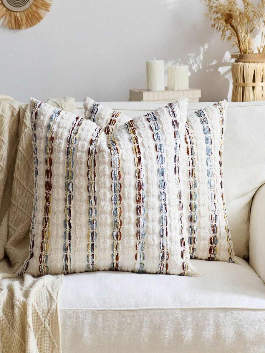 1pc/2pcs Coffee Brown + Multi-Color (Insert Not Included) 3D Thick Striped Throw Pillow Cover, Bohemian Farmhouse Chenille Cushion Cover, Neutral Color Pillow Sham For Sofa, Bed, Bedroom, Dining Room, Party, Decor, All Season